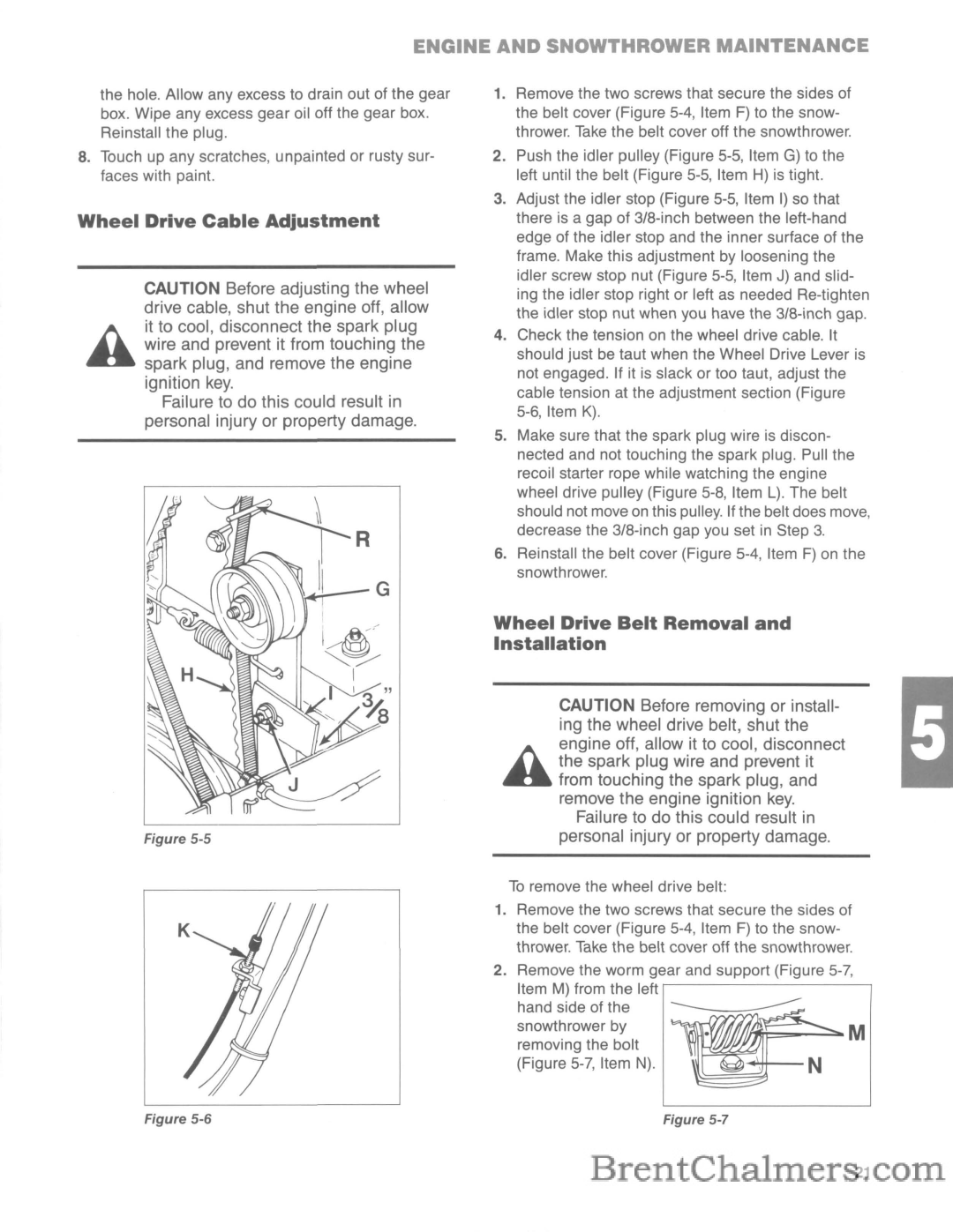 Troy-Bilt 5210R manual Wheel Drive Cable Adjustment, Wheel Drive Belt Removal and Installation 