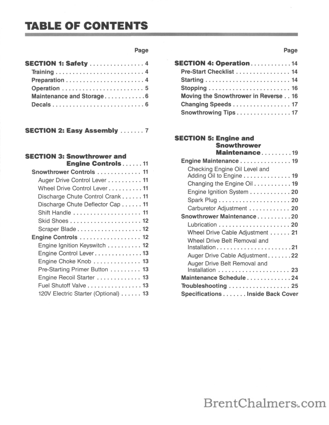 Troy-Bilt 5210R manual Table of Contents 