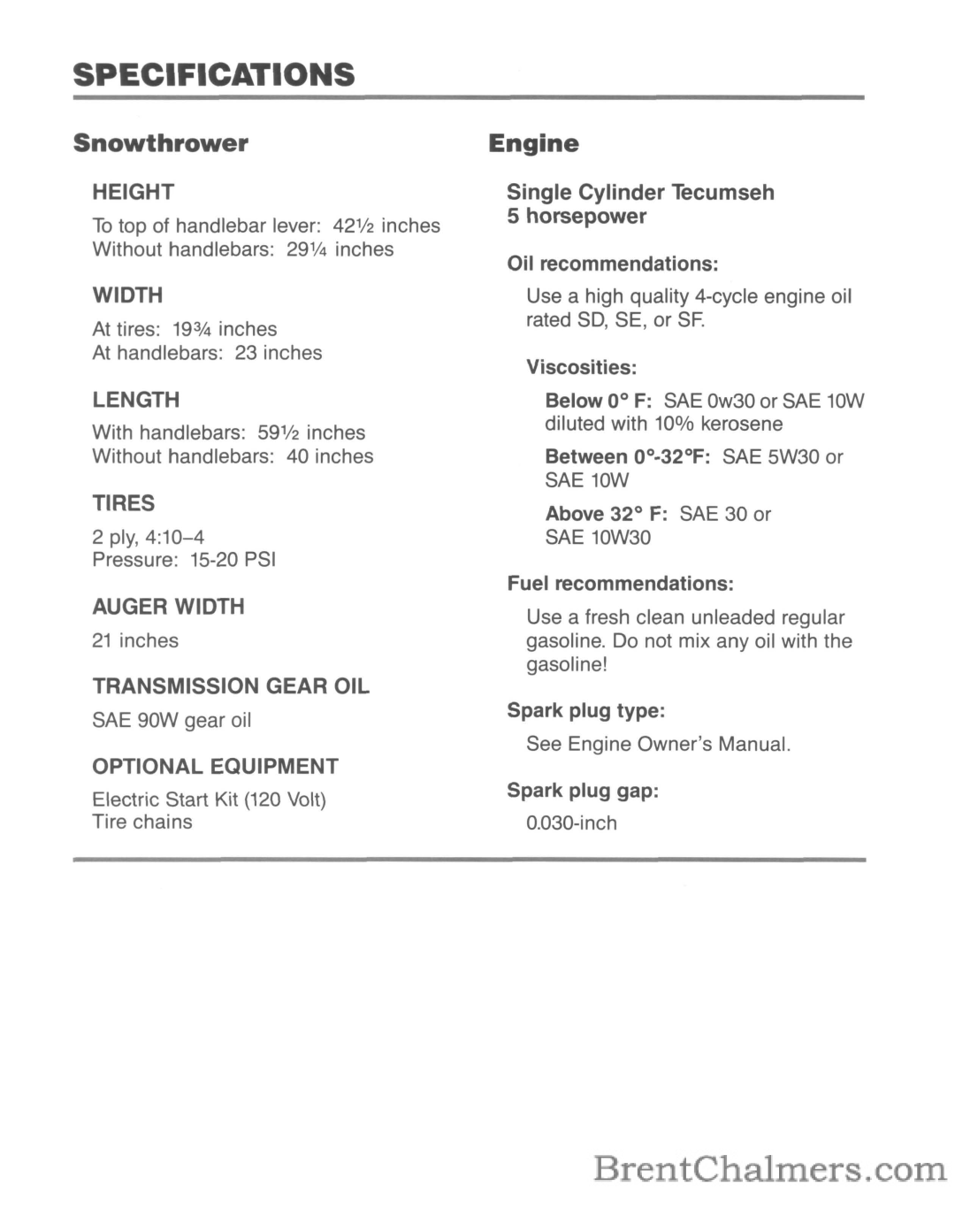 Troy-Bilt 5210R manual Specifications, Snowthrower 