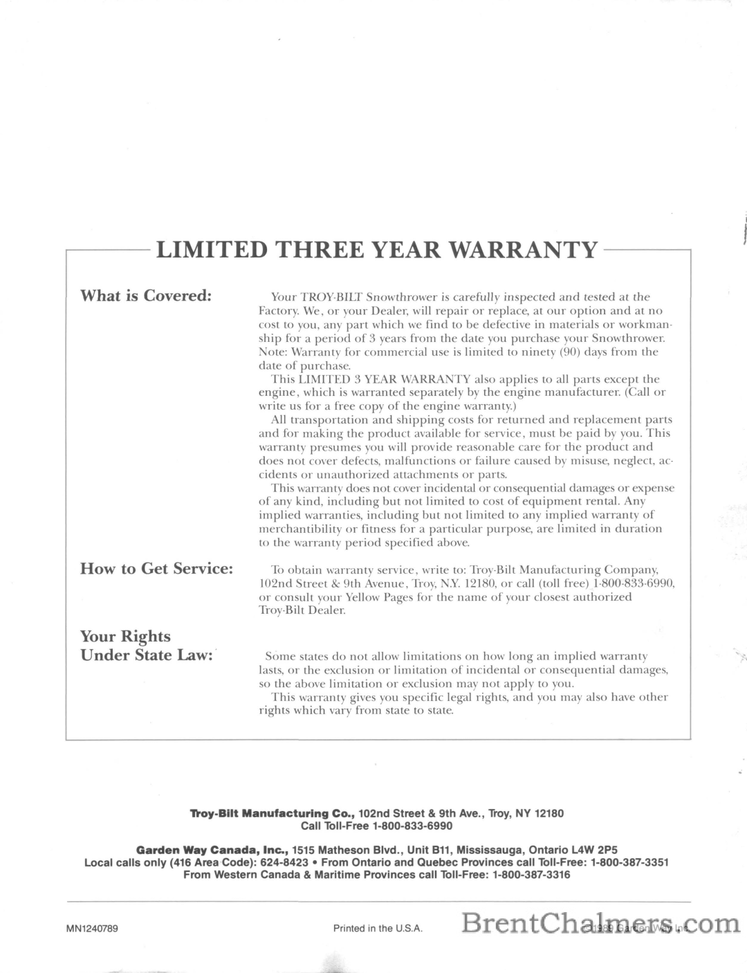 Troy-Bilt 5210R manual Limited Three Year Warranty 