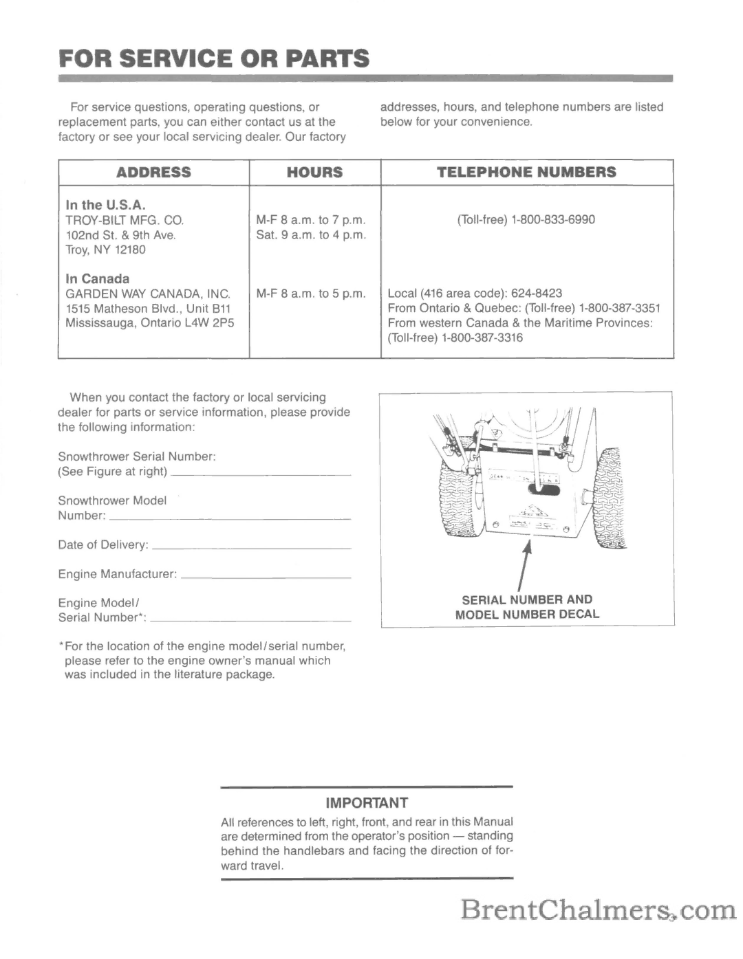 Troy-Bilt 5210R manual For Service or Parts, Address Hours Telephone Numbers, U.S.A, Canada 