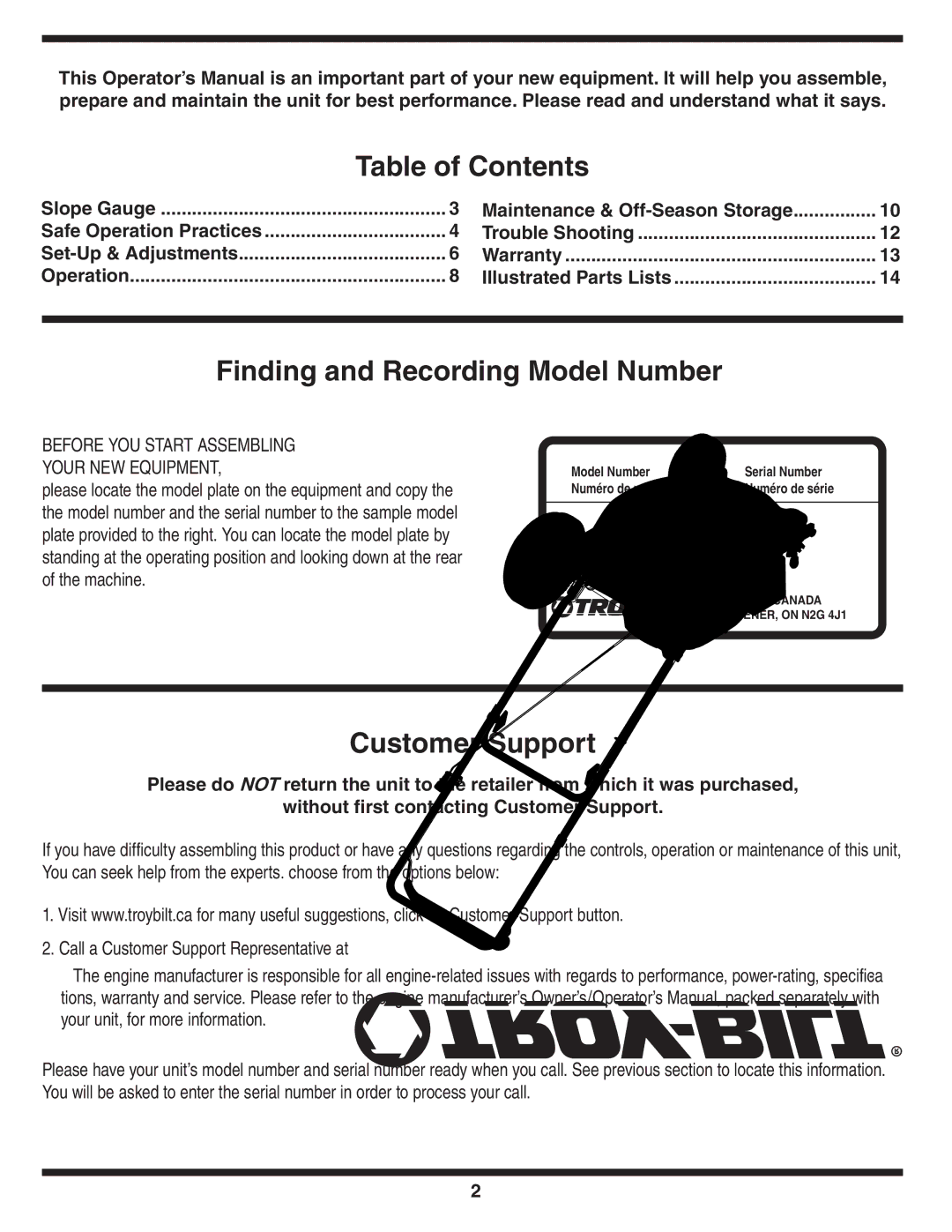 Troy-Bilt 540 Series warranty Table of Contents, Finding and Recording Model Number, Customer Support 