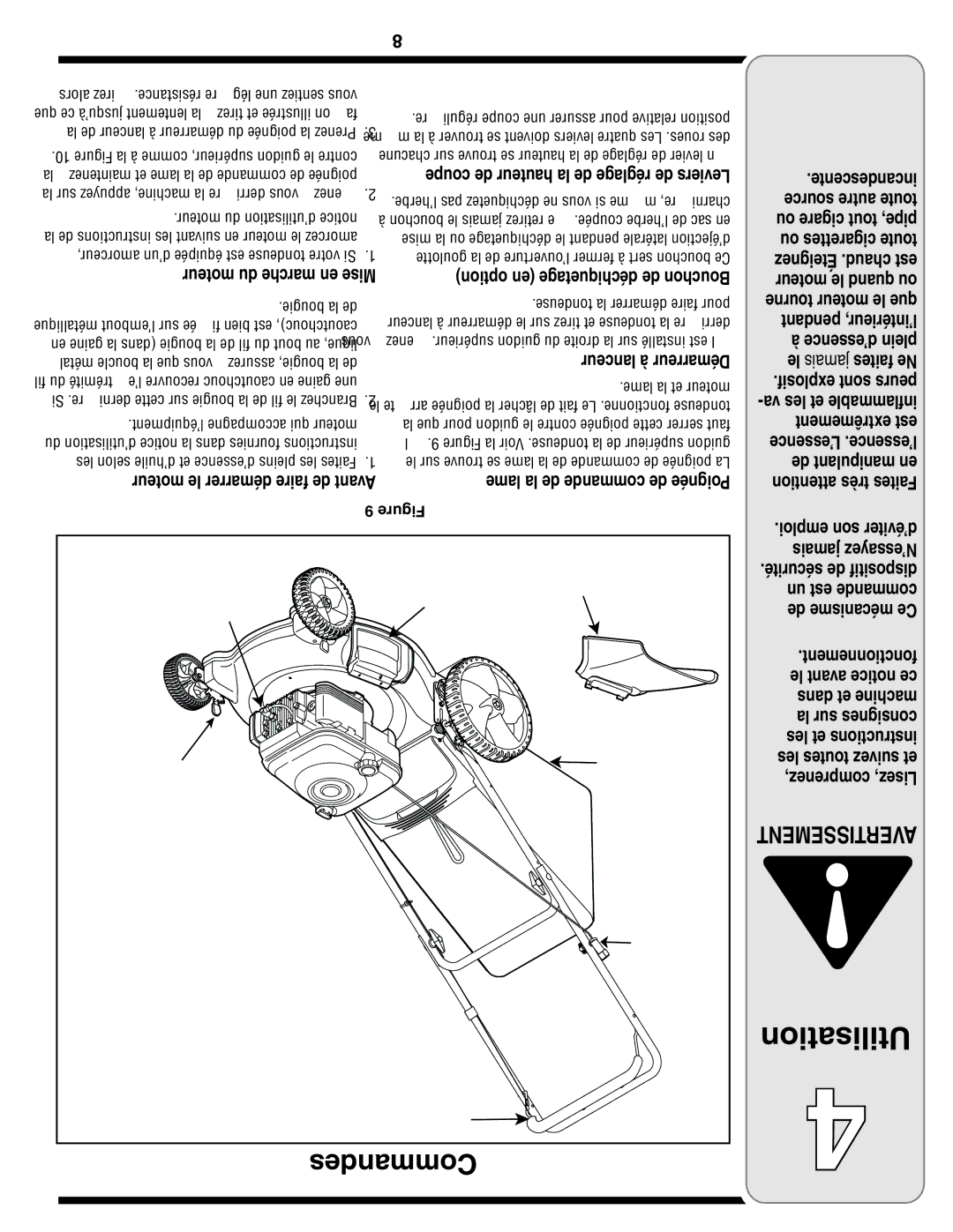 Troy-Bilt 540 Series warranty Commandes, Faites Ne, Moteur le démarrer faire de Avant 