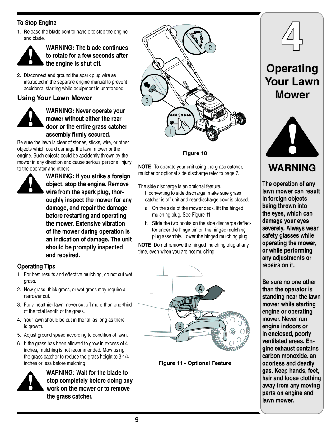 Troy-Bilt 540 Series warranty To Stop Engine, Using Your Lawn Mower, Operating Tips, Side discharge is an optional feature 