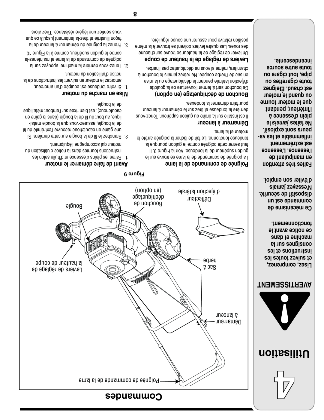 Troy-Bilt 540 Series warranty Commandes, Utilisation, faites Ne, moteur le démarrer faire de Avant 