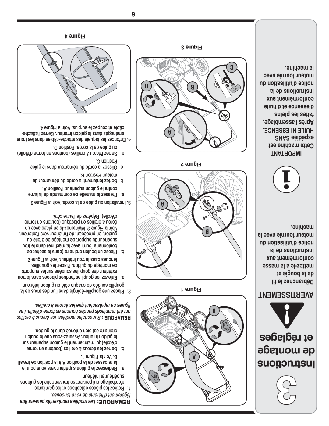 Troy-Bilt 540 Series réglages et montage de Instructions, Avertissement, Figure, la de instructions, Essence Ni Huile 