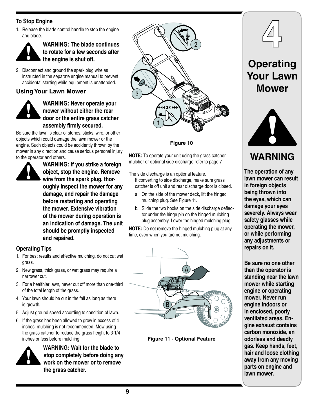 Troy-Bilt 540 Series warranty Operating Your Lawn Mower, To Stop Engine, Using Your Lawn Mower, Operating Tips 