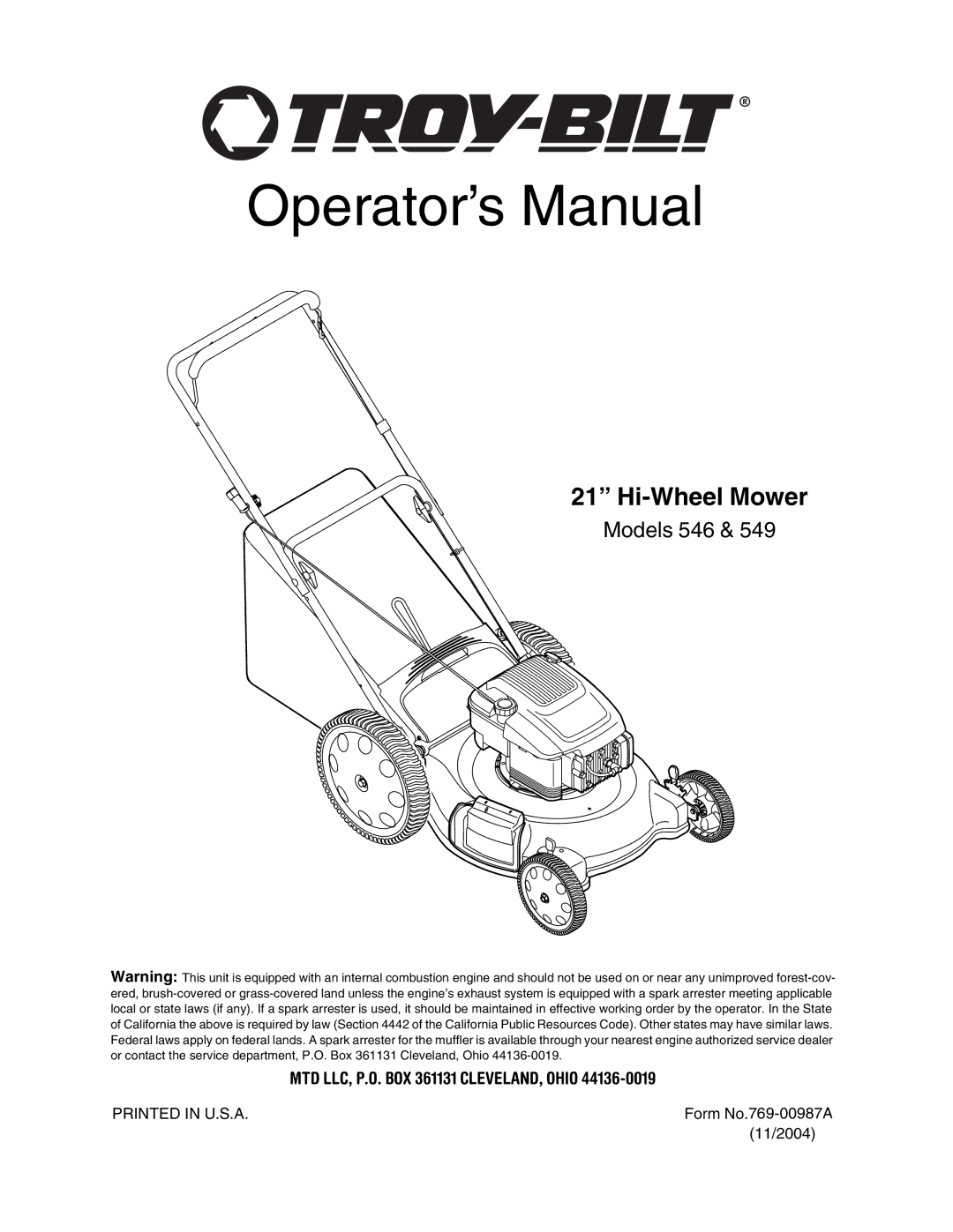 Troy-Bilt 549, 546 manual Operator’s Manual, MTD LLC, P.O. BOX 361131 CLEVELAND, Ohio 