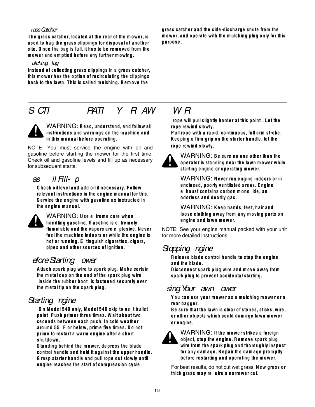 Troy-Bilt 546, 549 manual Operating Your Lawn Mower 