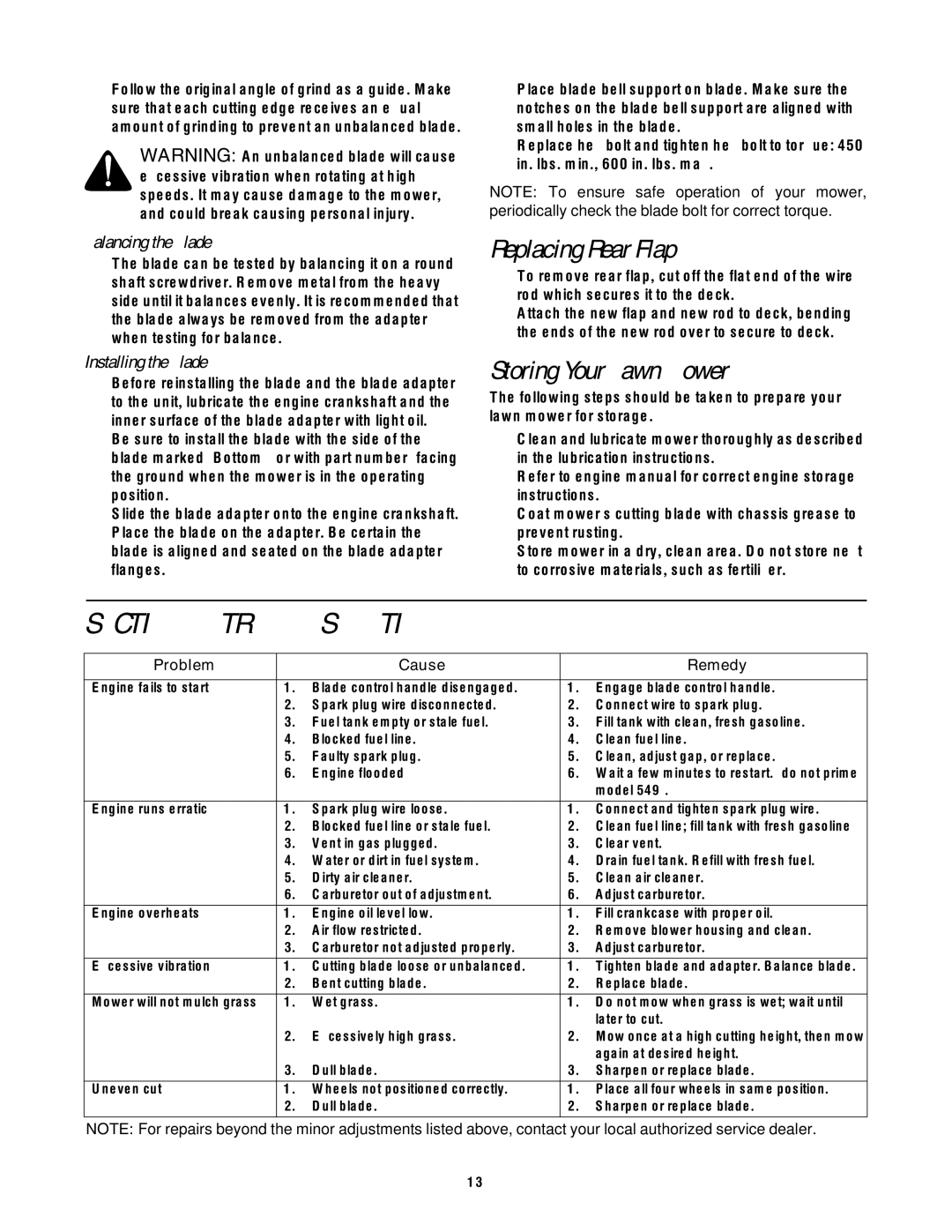 Troy-Bilt 549 Troubleshooting, Replacing Rear Flap, Storing Your Lawn Mower, Balancing the Blade, Installing the Blade 