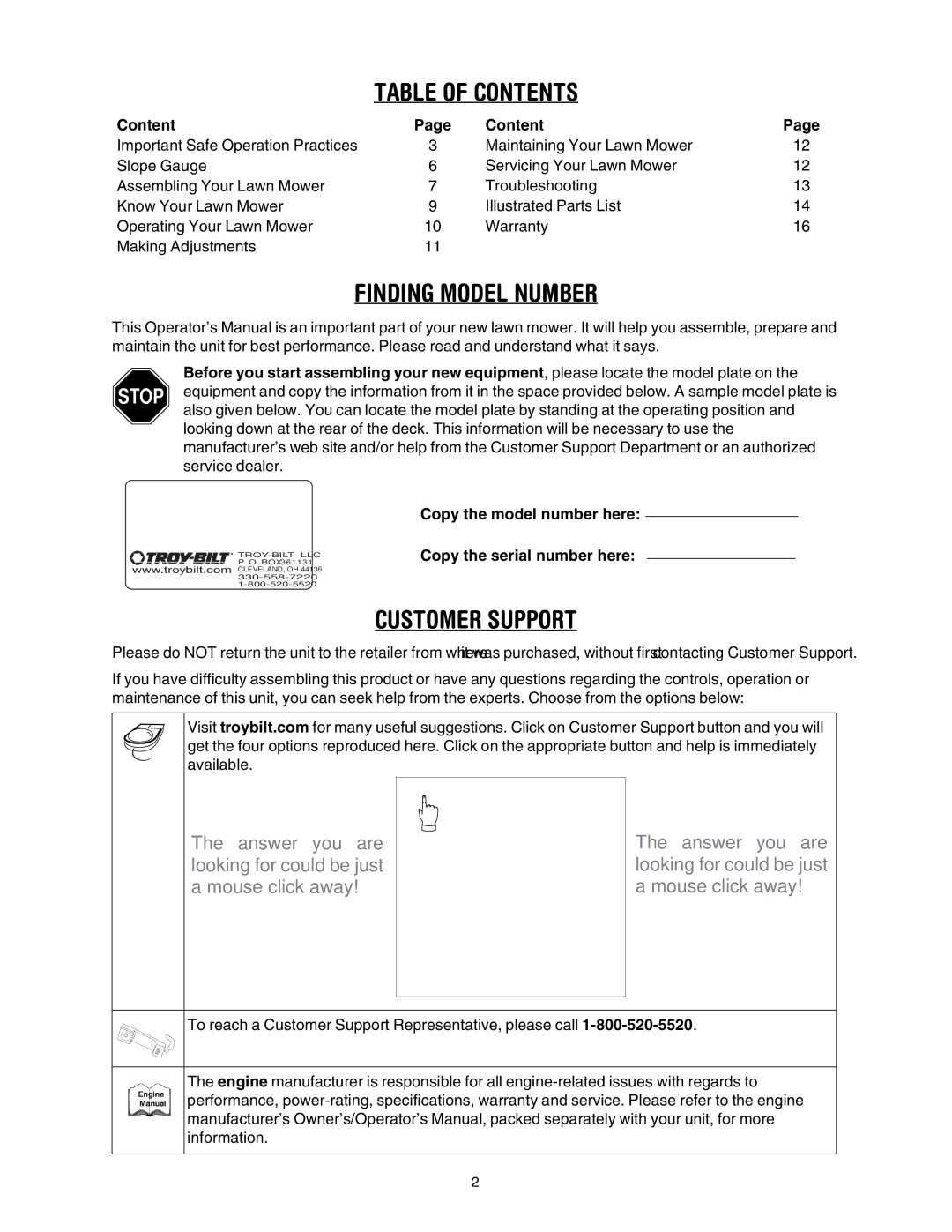 Troy-Bilt 546, 549 manual Table of Contents 