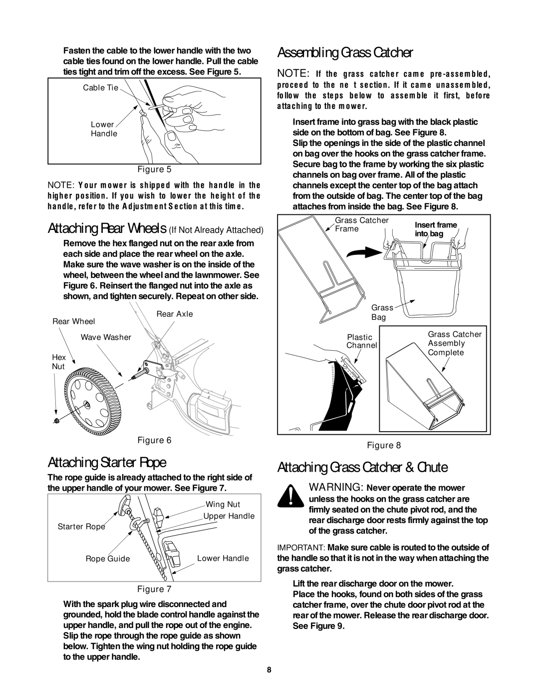 Troy-Bilt 546, 549 manual Attaching Starter Rope, Assembling Grass Catcher, Attaching Grass Catcher & Chute 