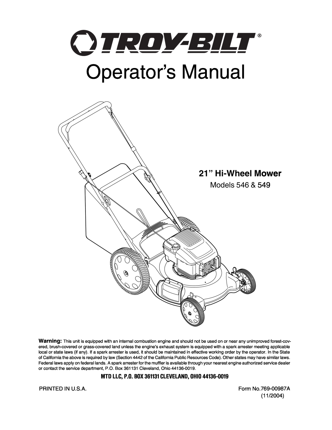 Troy-Bilt 549, 546 manual MTD LLC, P.O. BOX 361131 CLEVELAND, OHIO, Operator’s Manual, 21” Hi-Wheel Mower, Models 