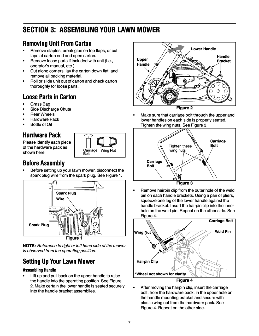Troy-Bilt 549 Assembling Your Lawn Mower, Removing Unit From Carton, Hardware Pack, Before Assembly, Assembling Handle 