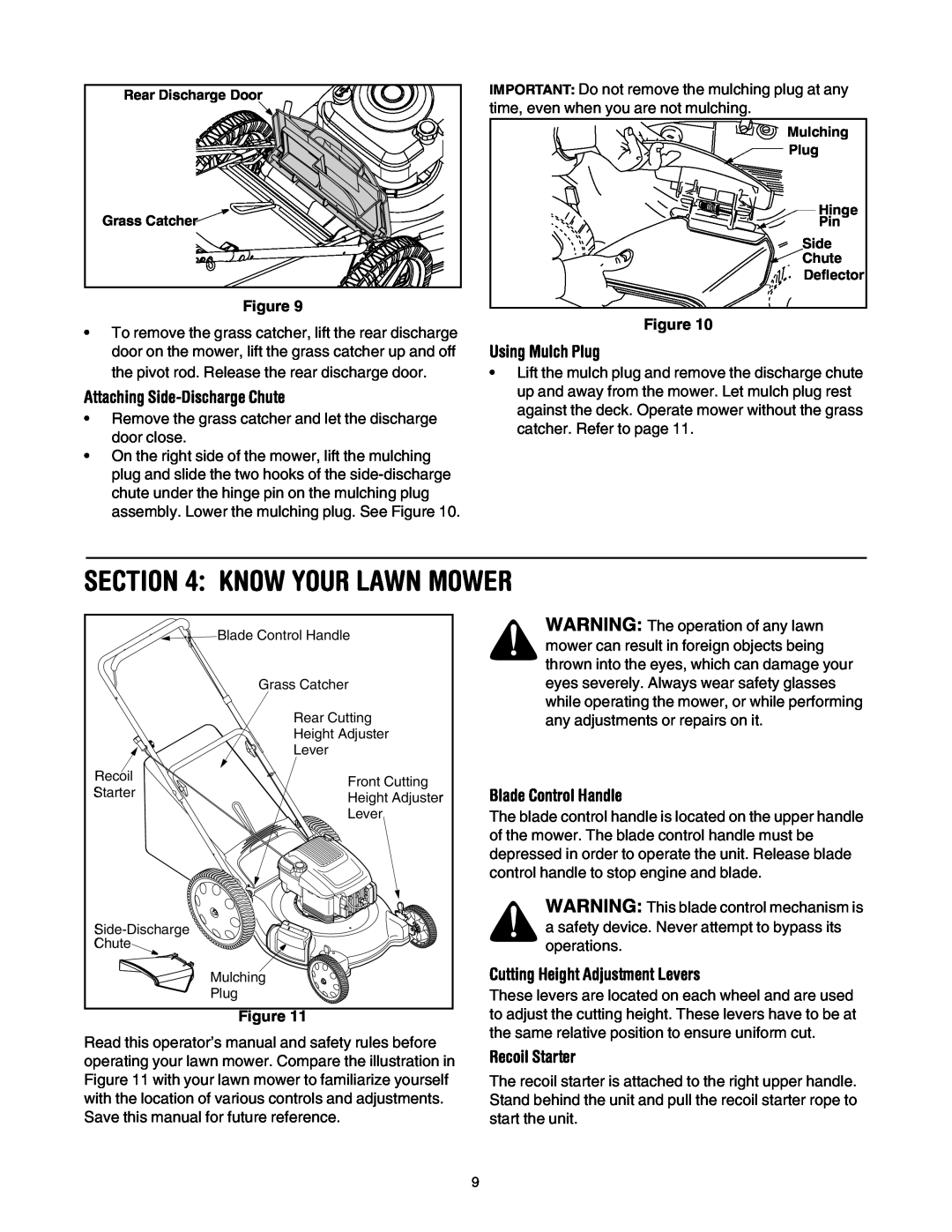 Troy-Bilt 549 Know Your Lawn Mower, Attaching Side-Discharge Chute, Using Mulch Plug, Blade Control Handle, Recoil Starter 