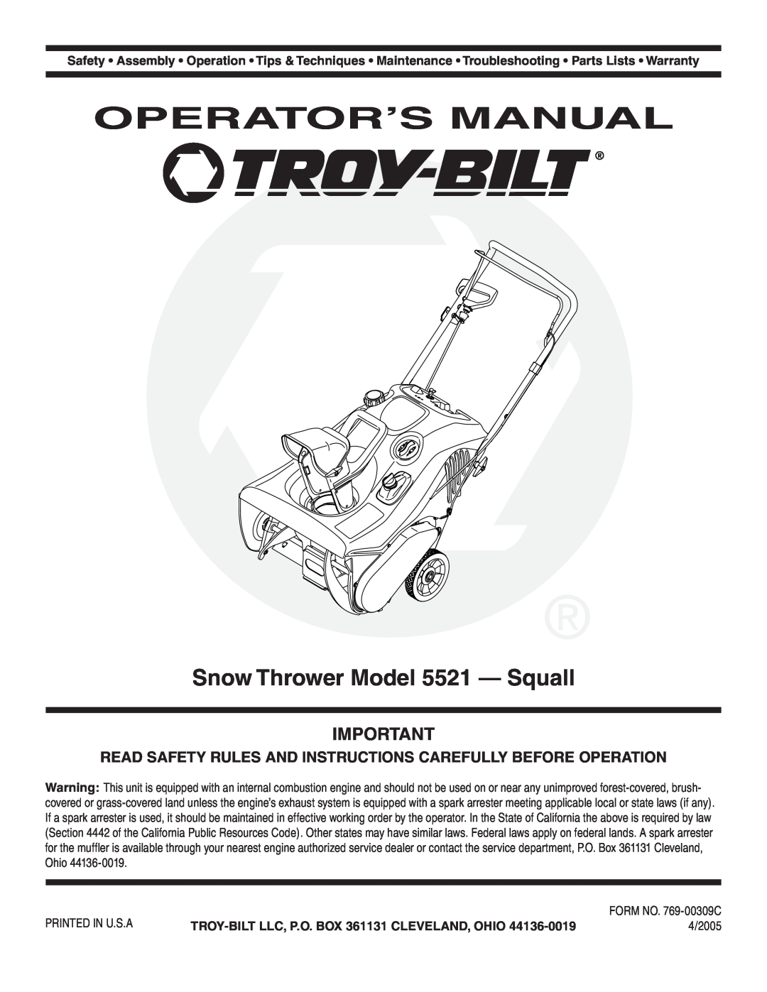 Troy-Bilt warranty Operator’S Manual, Snow Thrower Model 5521 - Squall 