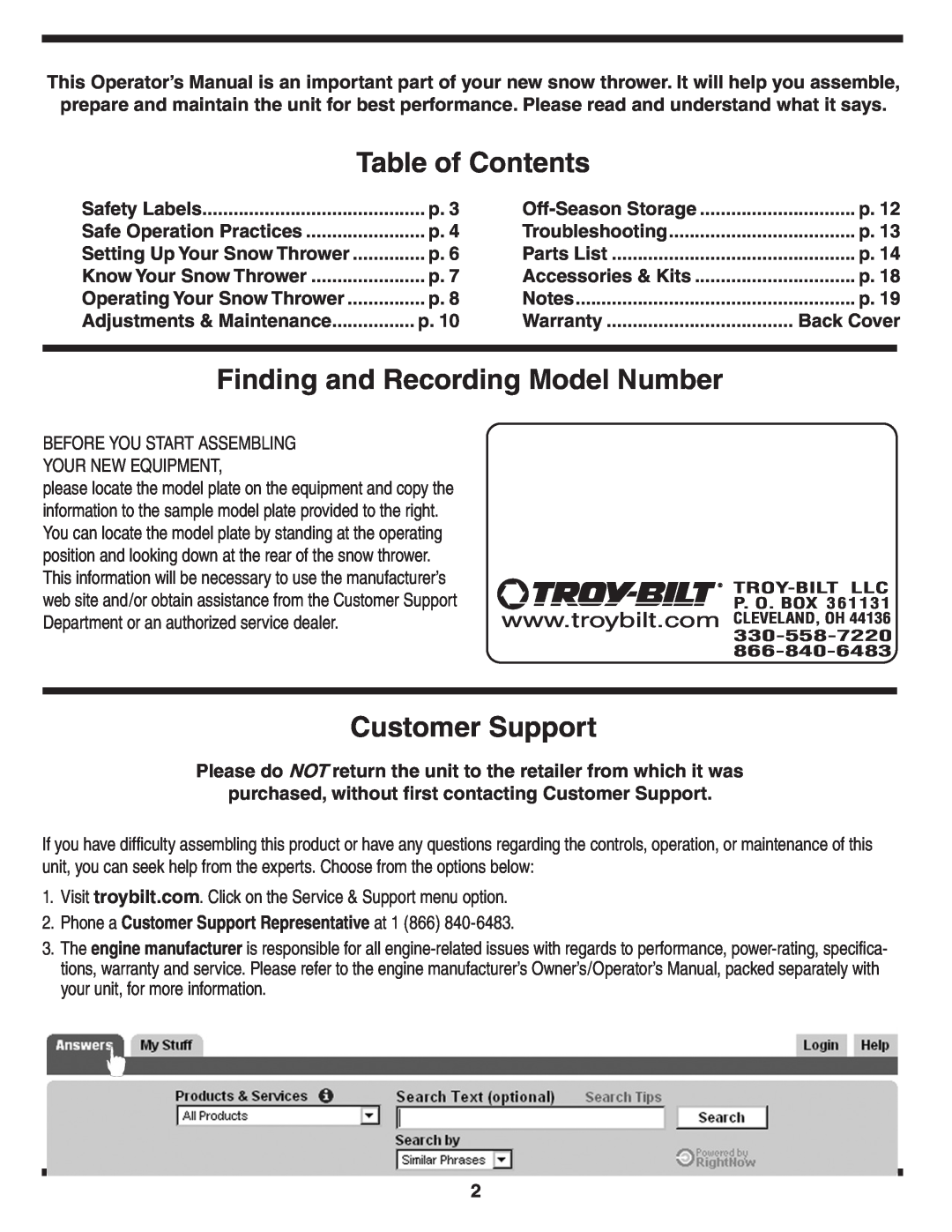 Troy-Bilt 5521 warranty Table of Contents, Finding and Recording Model Number, Customer Support 