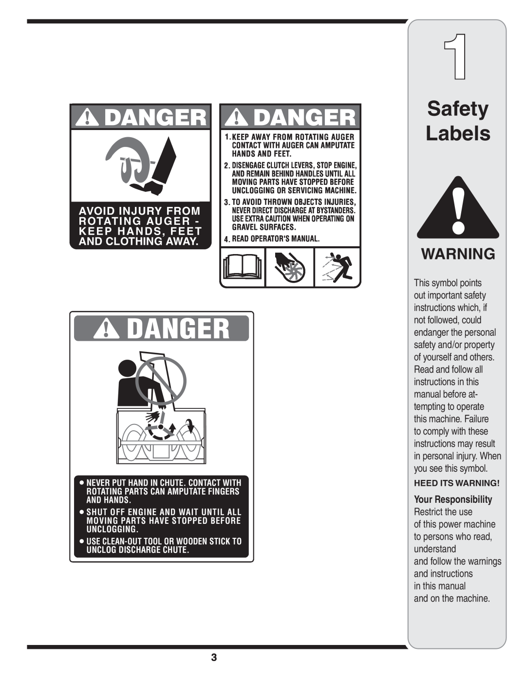 Troy-Bilt 5521 warranty Safety Labels, Your Responsibility 