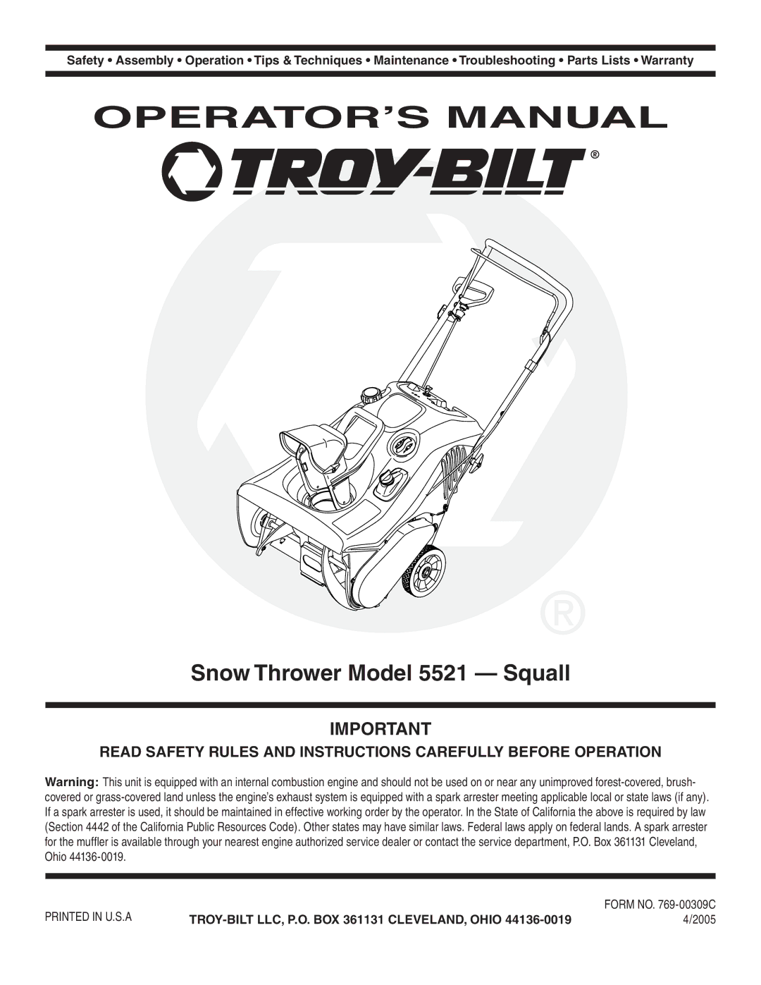 Troy-Bilt 5521 warranty OPERATOR’S Manual 