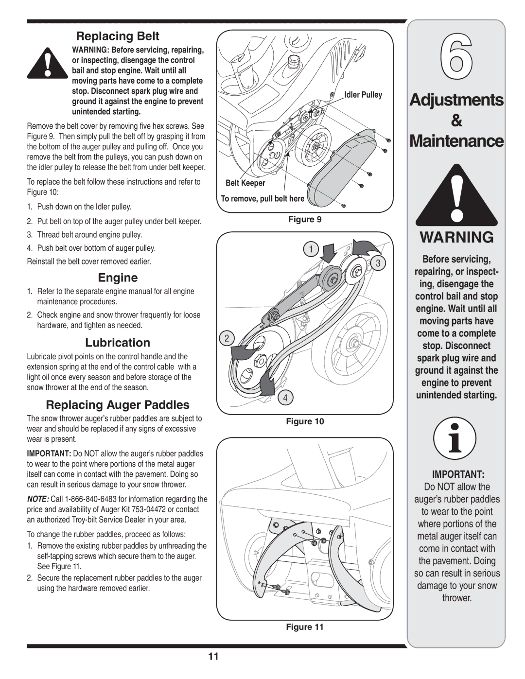 Troy-Bilt 5521 warranty Replacing Belt, Engine, Lubrication, Replacing Auger Paddles 