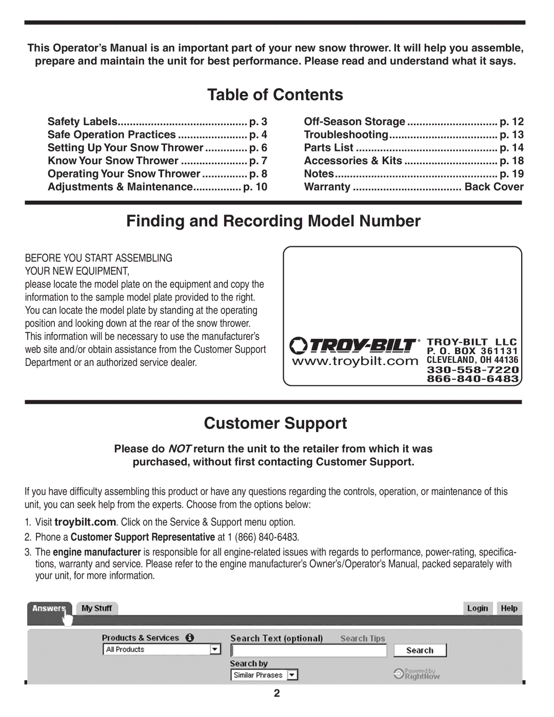 Troy-Bilt 5521 warranty Table of Contents 