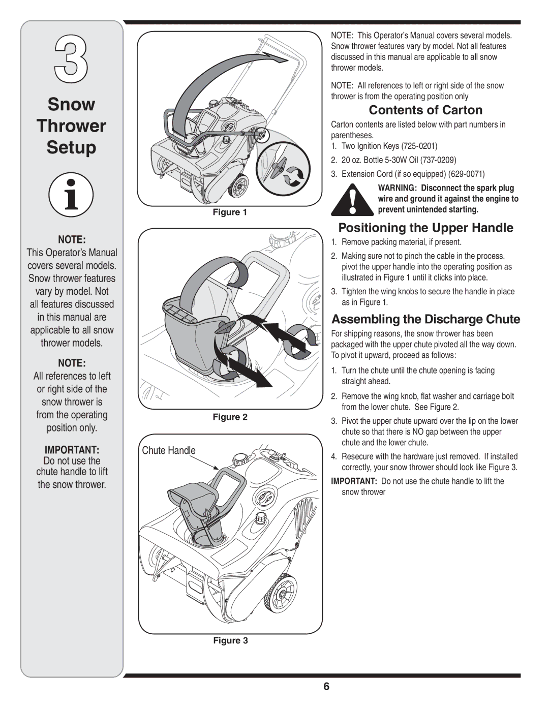 Troy-Bilt 5521 Snow Thrower Setup, Contents of Carton, Positioning the Upper Handle, Assembling the Discharge Chute 