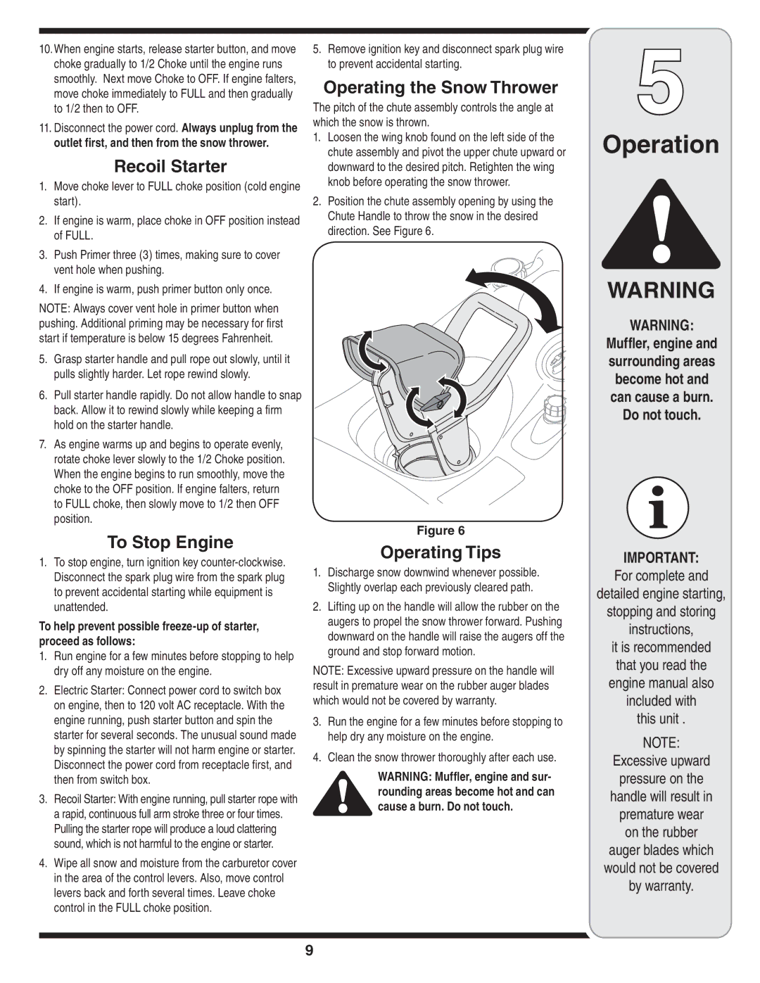 Troy-Bilt 5521 warranty Recoil Starter, To Stop Engine, Operating the Snow Thrower, Operating Tips 