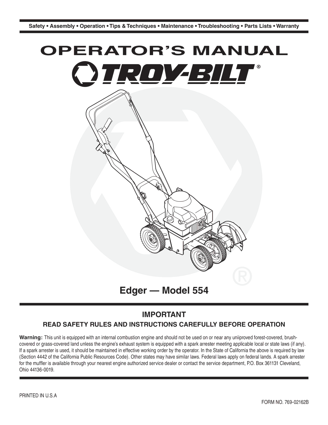 Troy-Bilt 554 manual OPERATOR’S Manual 