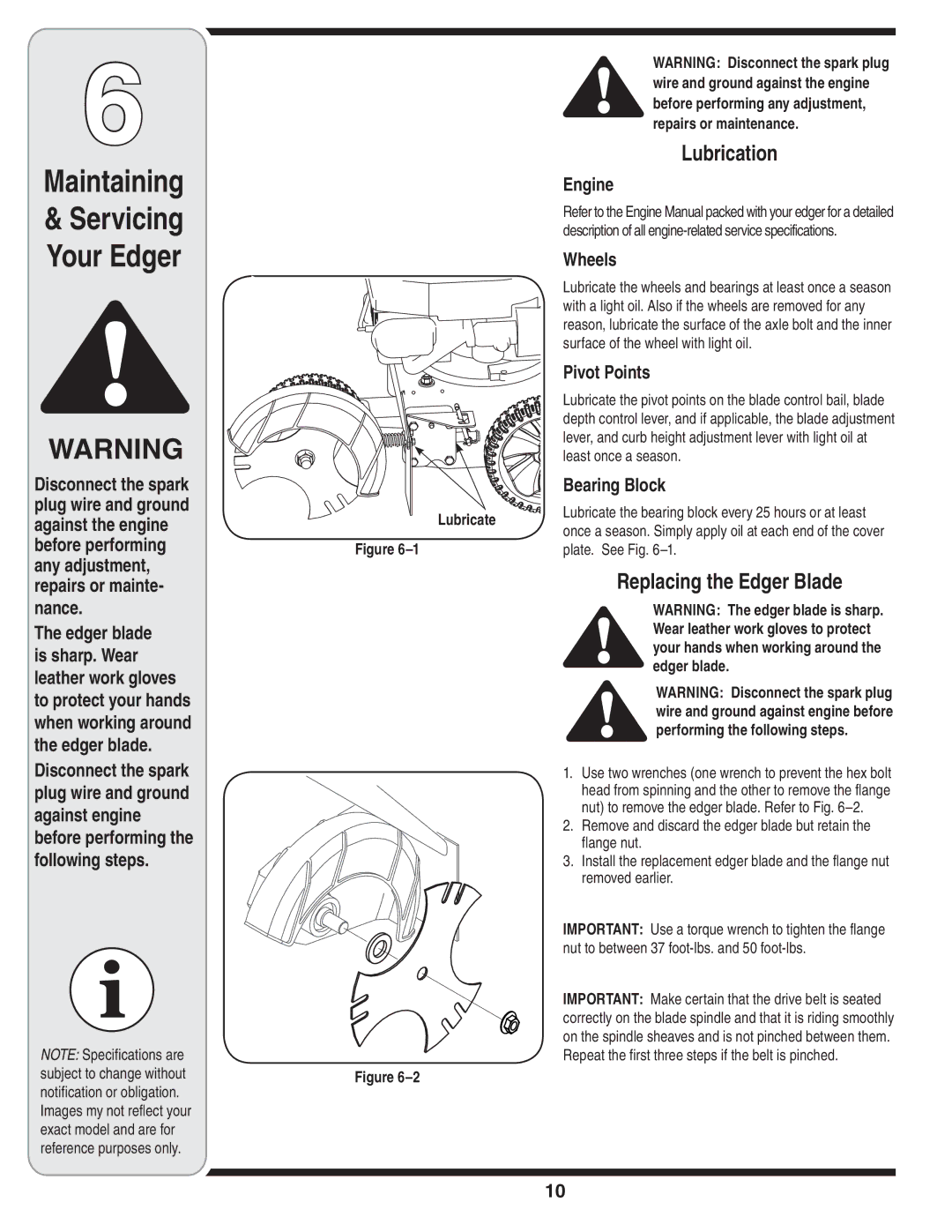 Troy-Bilt 554 manual Maintaining, Lubrication, Replacing the Edger Blade 