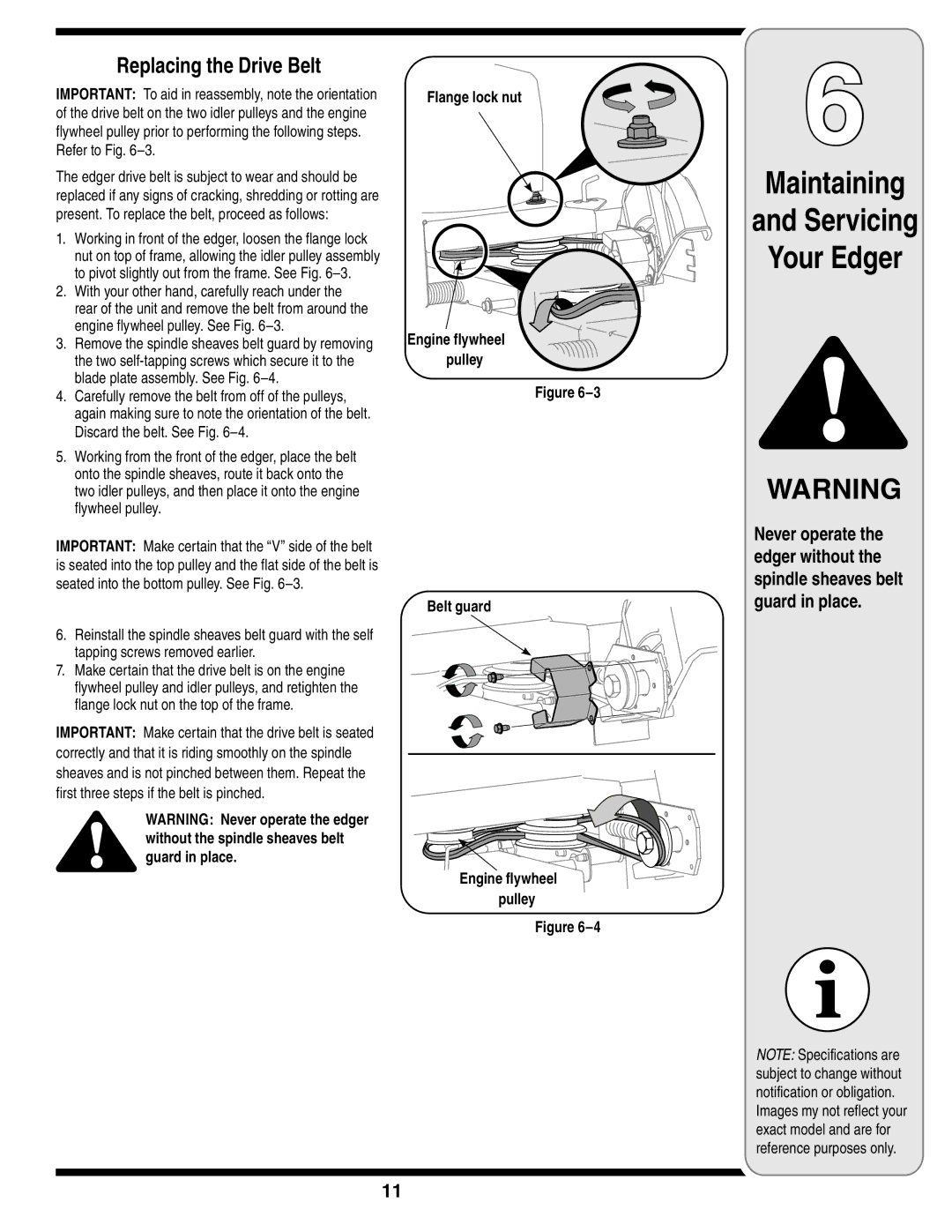 Troy-Bilt 554 manual Your Edger, Replacing the Drive Belt 