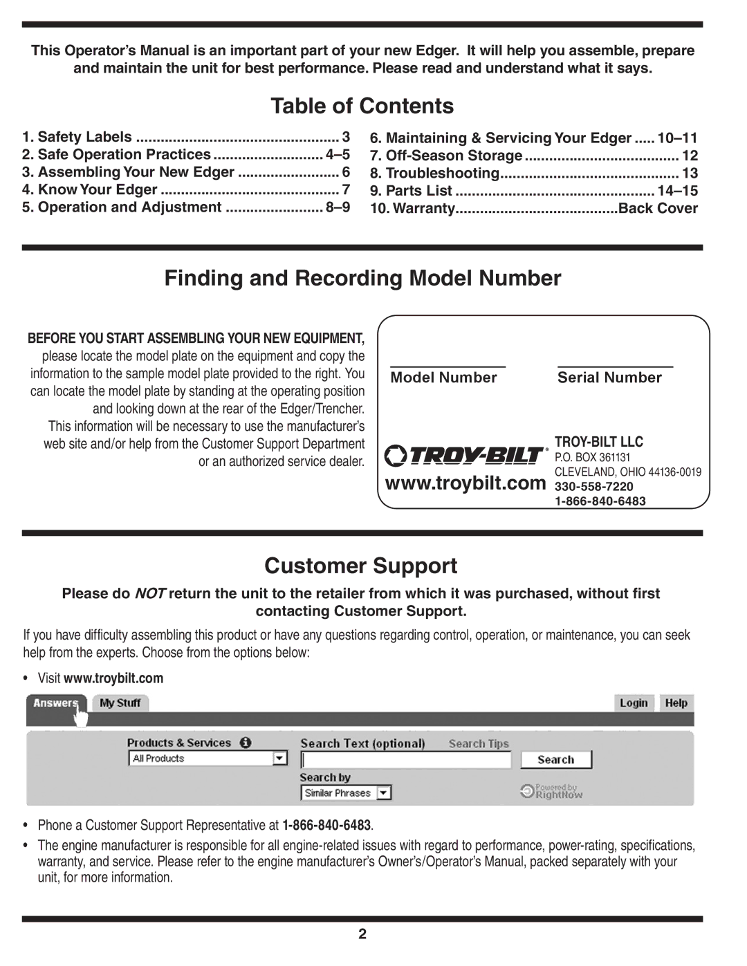 Troy-Bilt 554 manual Table of Contents 