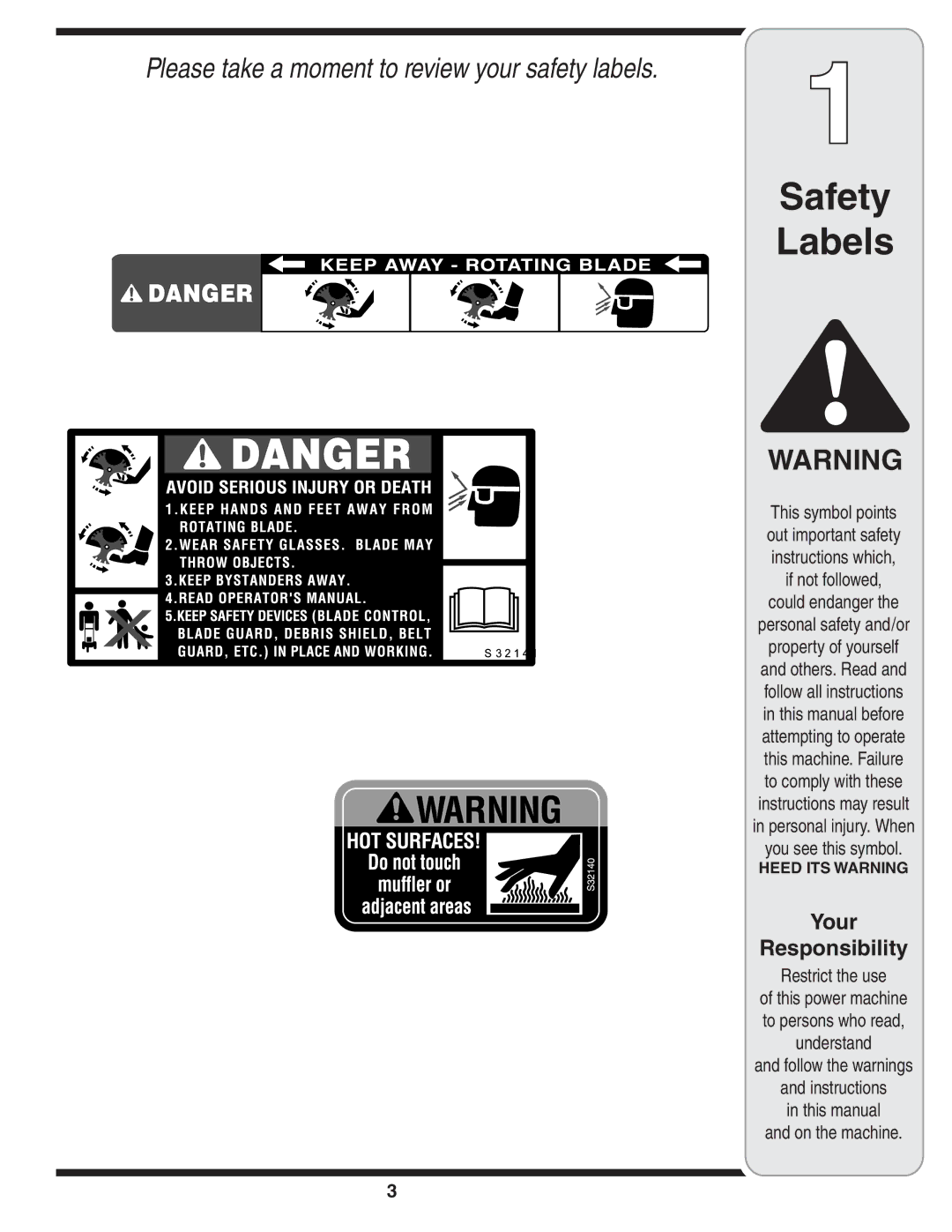 Troy-Bilt 554 manual Safety Labels, Your Responsibility 