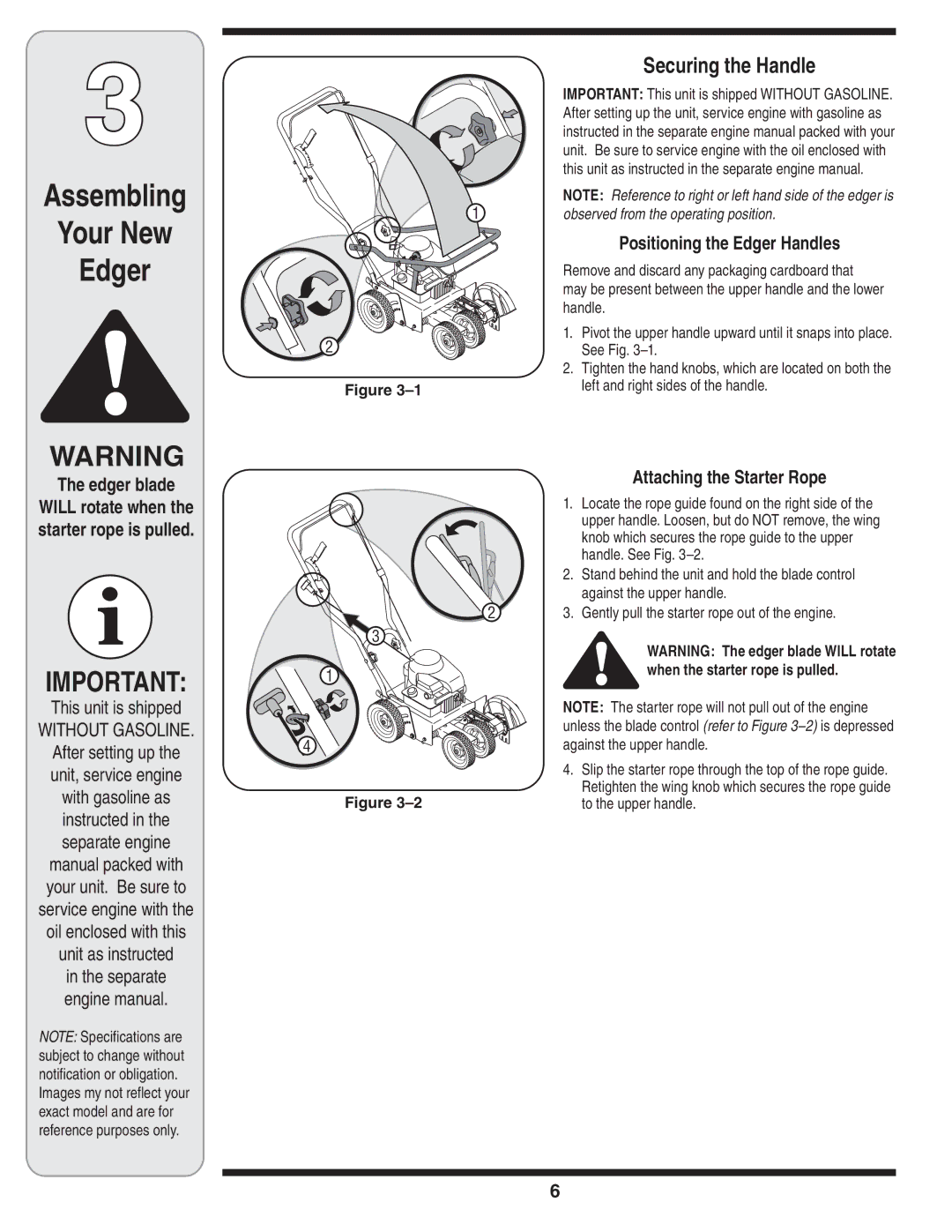 Troy-Bilt 554 manual Assembling Your New Edger, Securing the Handle 