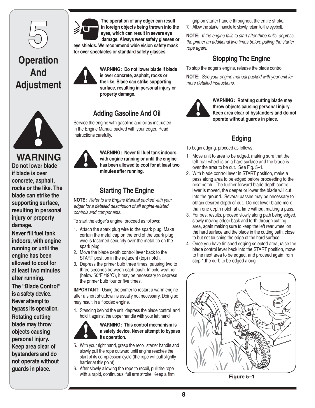 Troy-Bilt 554 manual Operation, Adding Gasoline And Oil, Starting The Engine, Stopping The Engine, Edging 