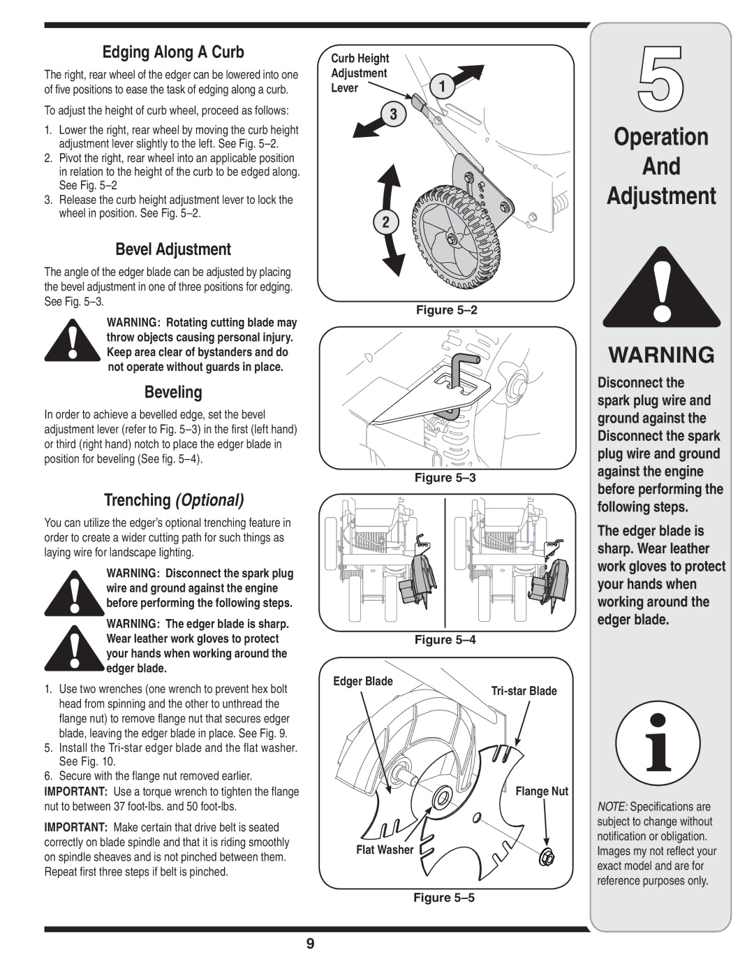 Troy-Bilt 554 manual Operation Adjustment, Edging Along a Curb, Bevel Adjustment, Beveling, Trenching Optional 