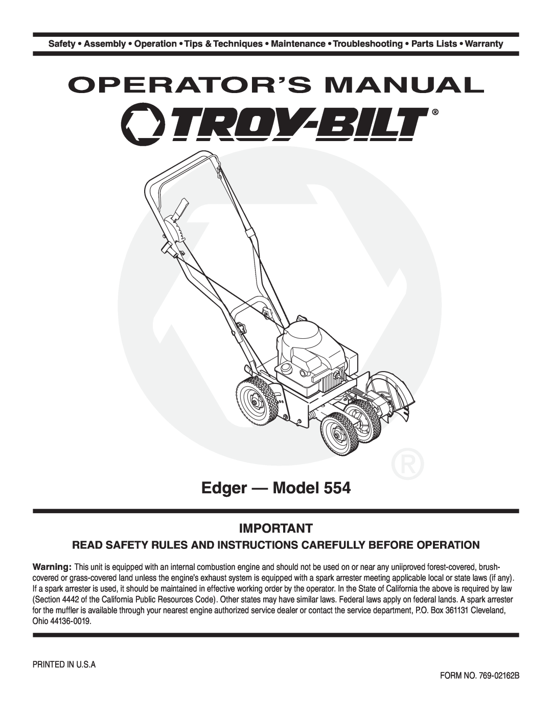 Troy-Bilt 554 manual Operator’S Manual, Edger - Model 
