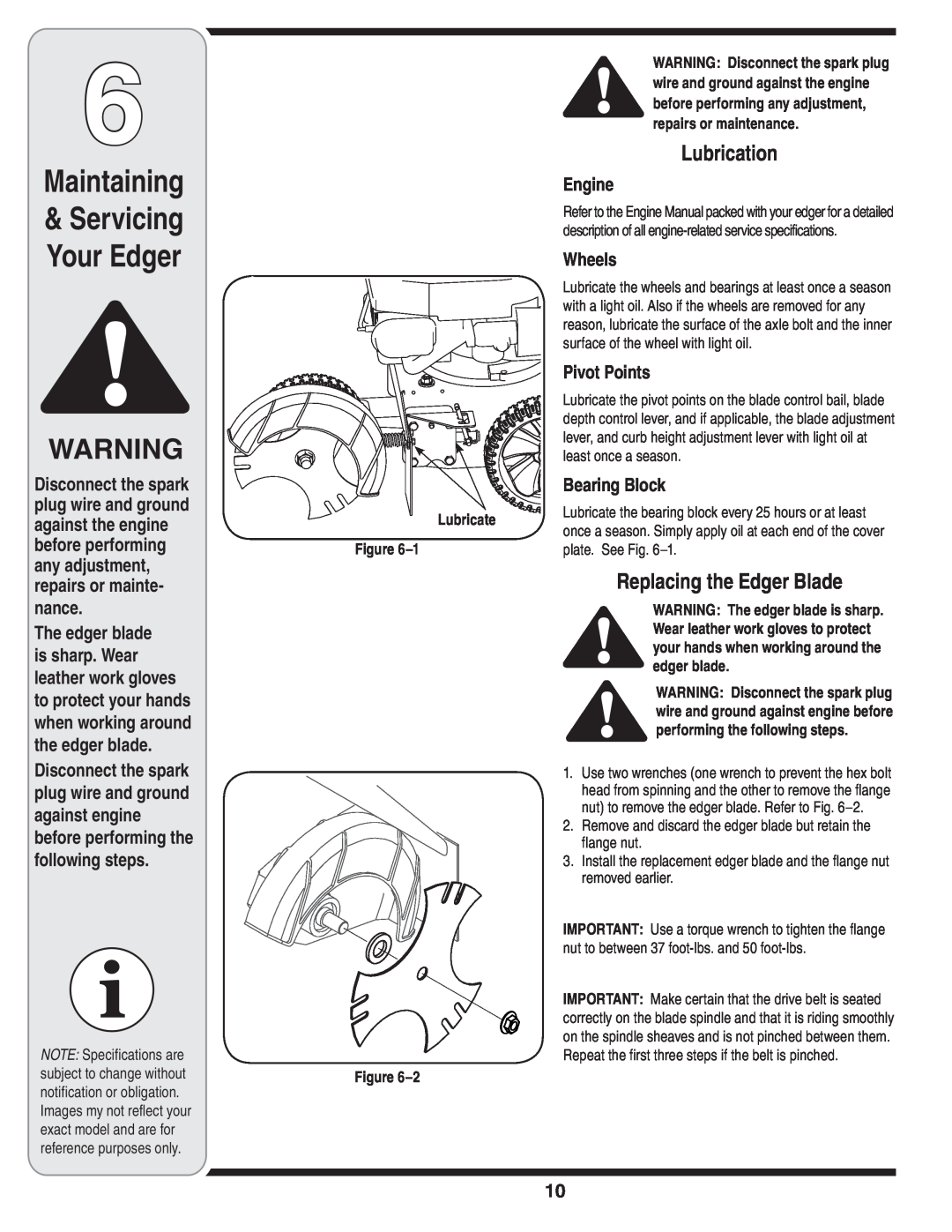 Troy-Bilt 554 manual Maintaining, Servicing Your Edger, Lubrication, Replacing the Edger Blade, Lubricate, plate. See Fig 