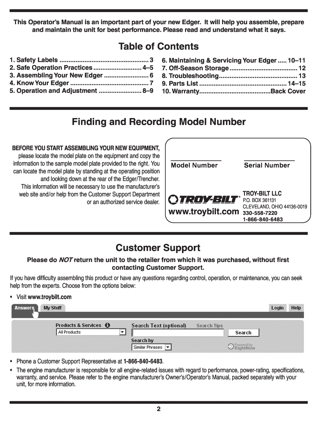 Troy-Bilt 554 manual Table of Contents, Finding and Recording Model Number, Customer Support, Serial Number 
