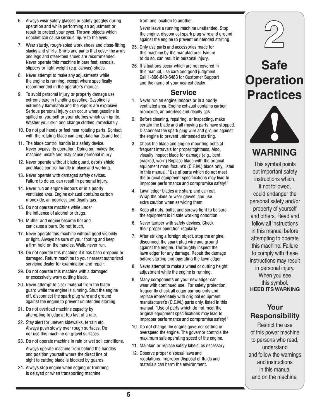 Troy-Bilt 554 manual Safe Operation Practices, Service, Your Responsibility, Heed Its Warning, from one location to another 