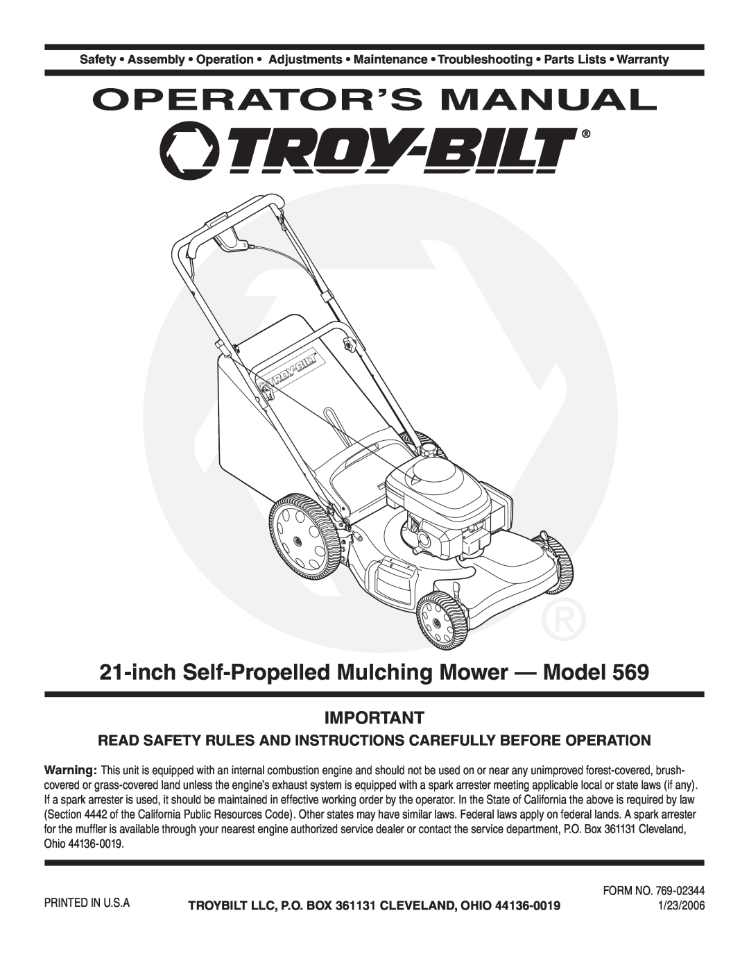 Troy-Bilt 569 warranty Operator’S Manual, inch Self-PropelledMulching Mower - Model 