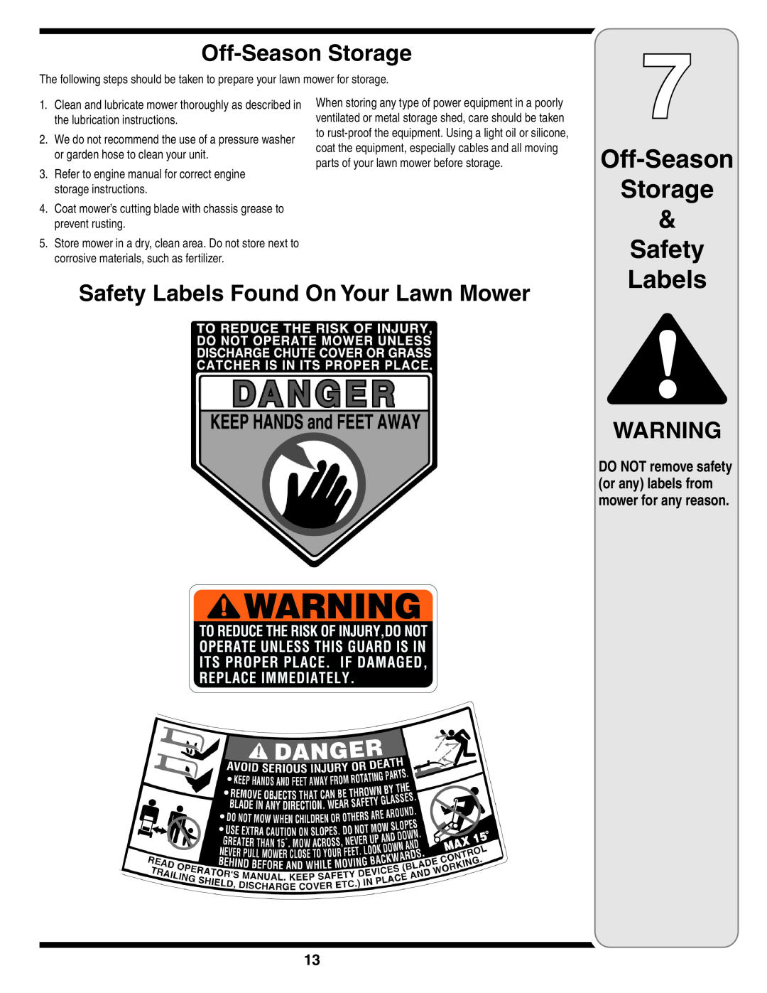Troy-Bilt 569 warranty Off-Season Storage & Safety, Off-SeasonStorage, Safety Labels Found On Your Lawn Mower 