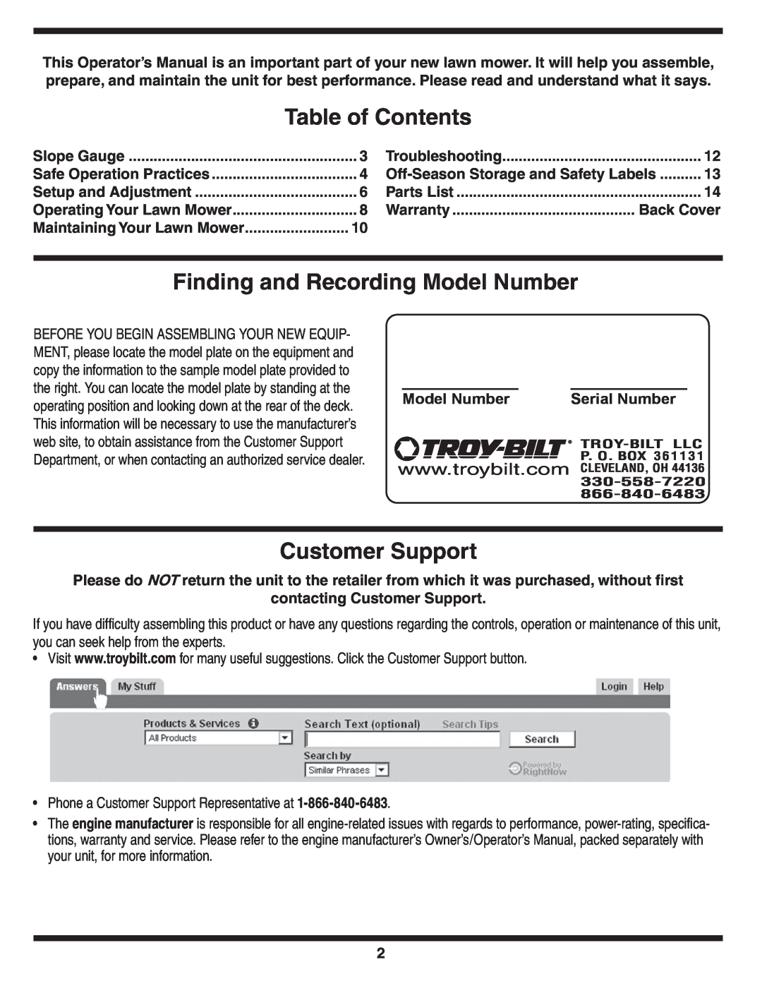 Troy-Bilt 569 warranty Table of Contents, Finding and Recording Model Number, Customer Support, Serial Number 