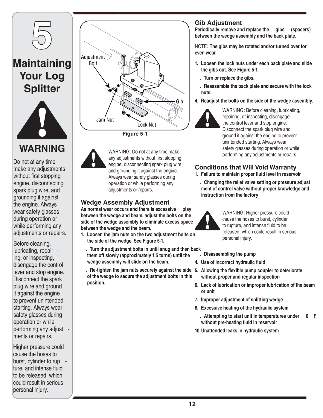 Troy-Bilt 570 manual Gib Adjustment, Wedge Assembly Adjustment, Conditions that Will Void Warranty 