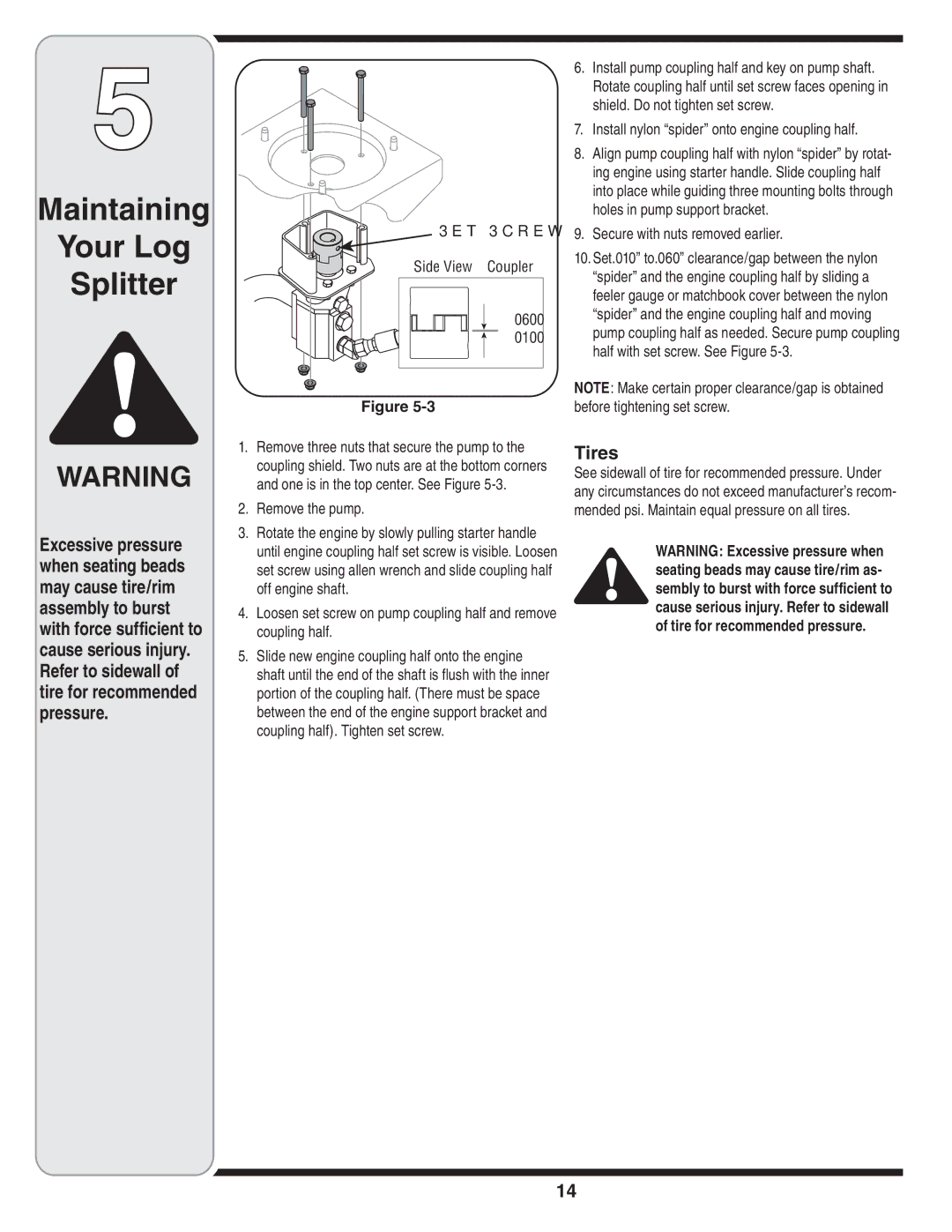 Troy-Bilt 570 manual Tires, Set Screw, Side View-Coupler 0600, Install nylon spider onto engine coupling half 