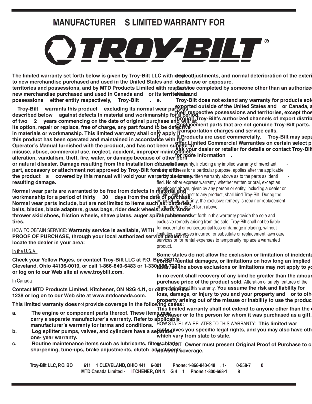 Troy-Bilt 570 manual MANUFACTURER’S Limited Warranty for, U.S.A Canada 