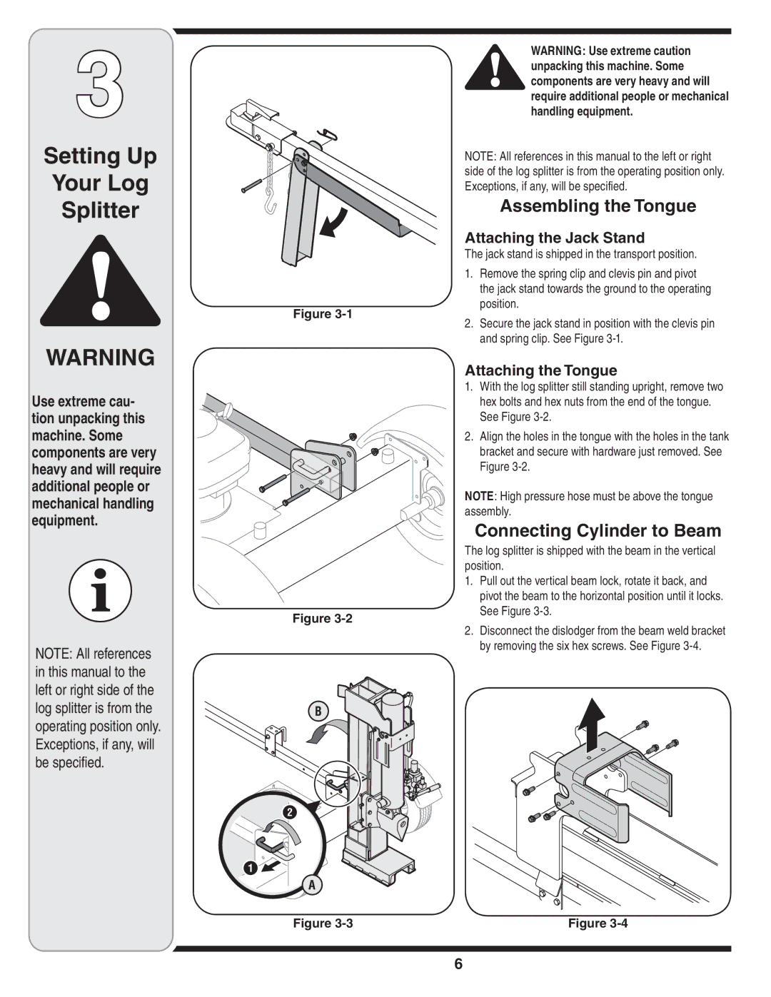 Troy-Bilt 570 Setting Up Your Log Splitter, Assembling the Tongue, Connecting Cylinder to Beam, Attaching the Jack Stand 