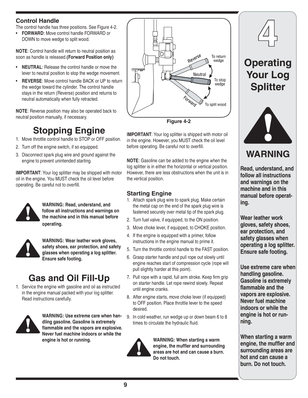 Troy-Bilt 570 manual Stopping Engine, Gas and Oil Fill-Up, Control Handle, Starting Engine, Manual before operat- ing 