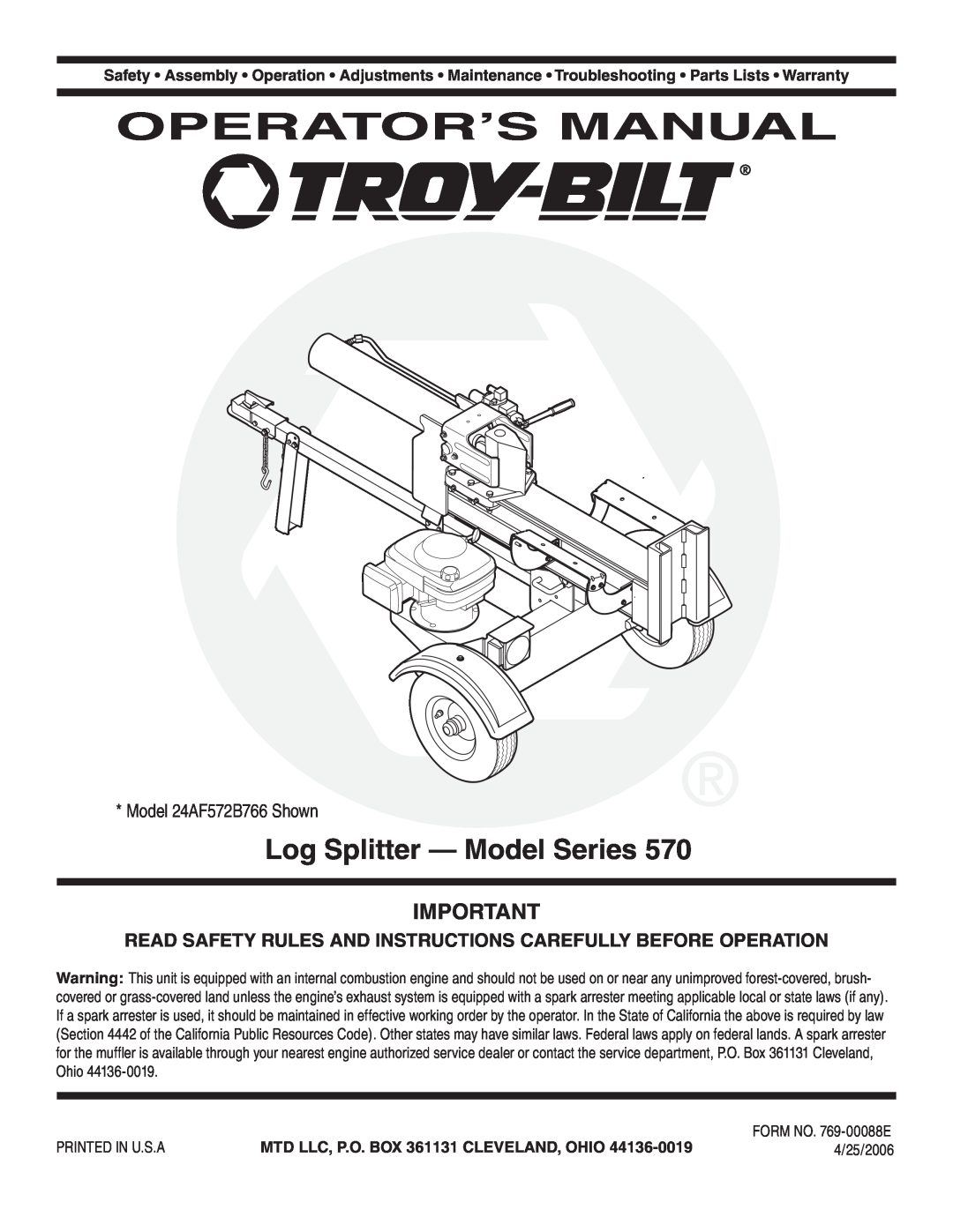 Troy-Bilt 570 manual Operator’S Manual, Log Splitter - Model Series, Model 24AF572B766 Shown 