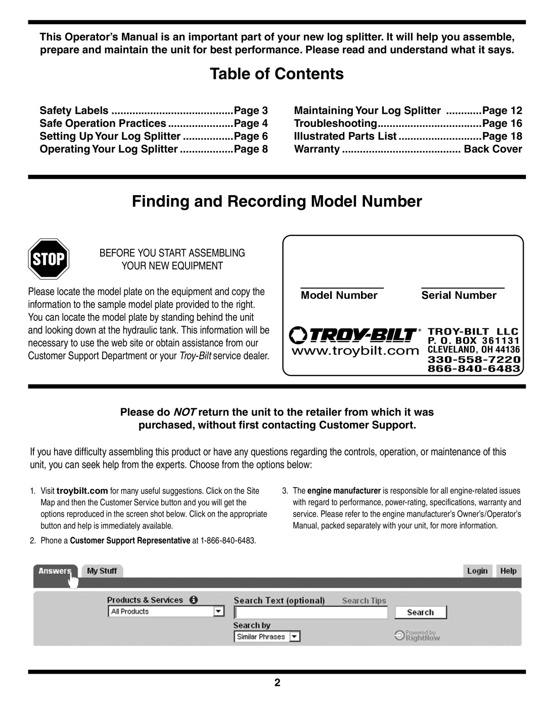 Troy-Bilt 570 manual Table of Contents, Finding and Recording Model Number, Stop, Serial Number 