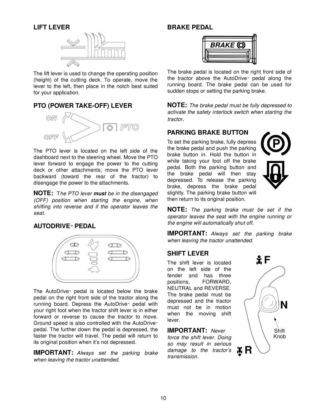 Troy-Bilt 604 manual Lift Lever, PTO Power TAKE-OFF Lever, Autodrive Pedal, Parking Brake Button, Shift Lever 